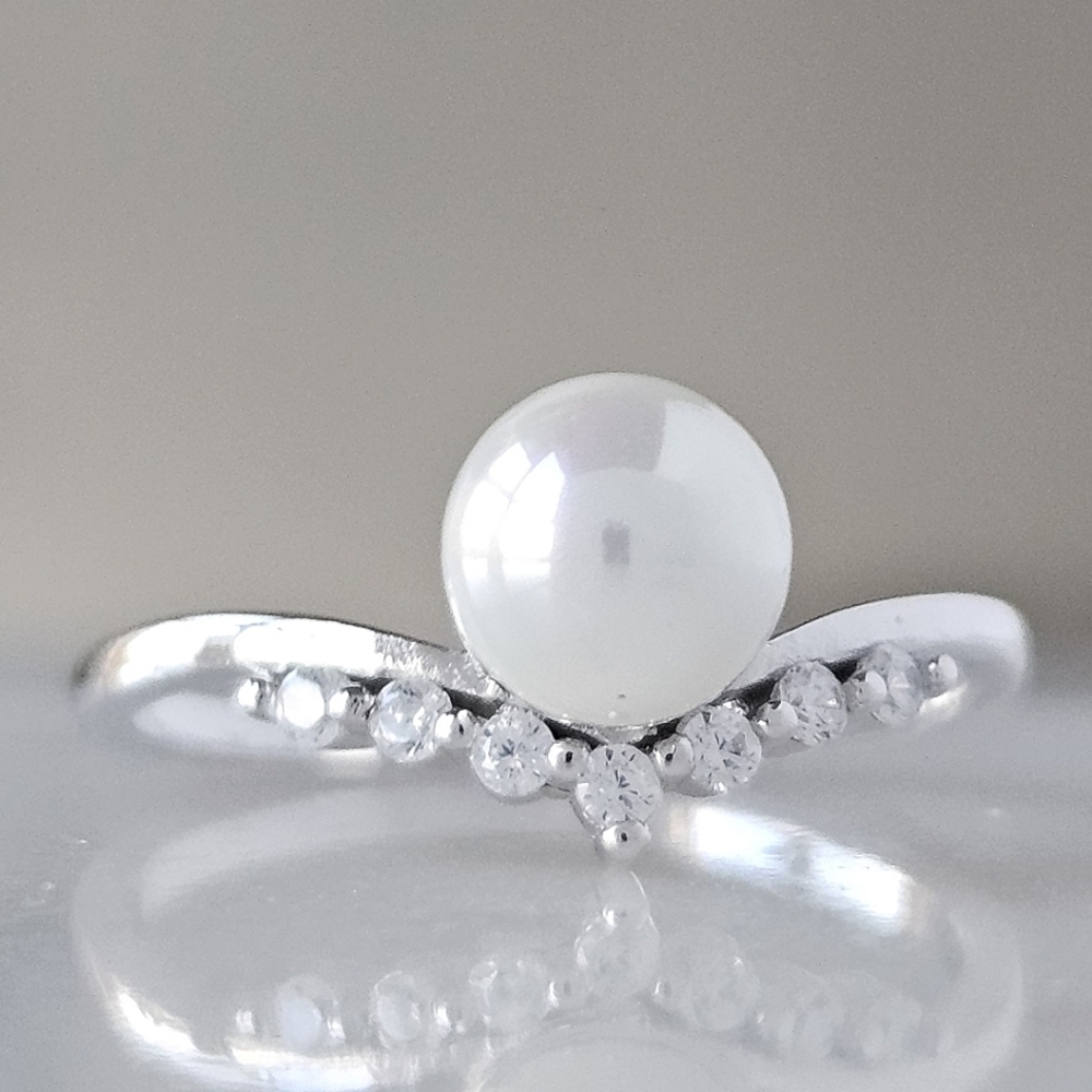 Dainty Pearl Wishbone Ring, 925 Sterling Silver Charmed Aroma
